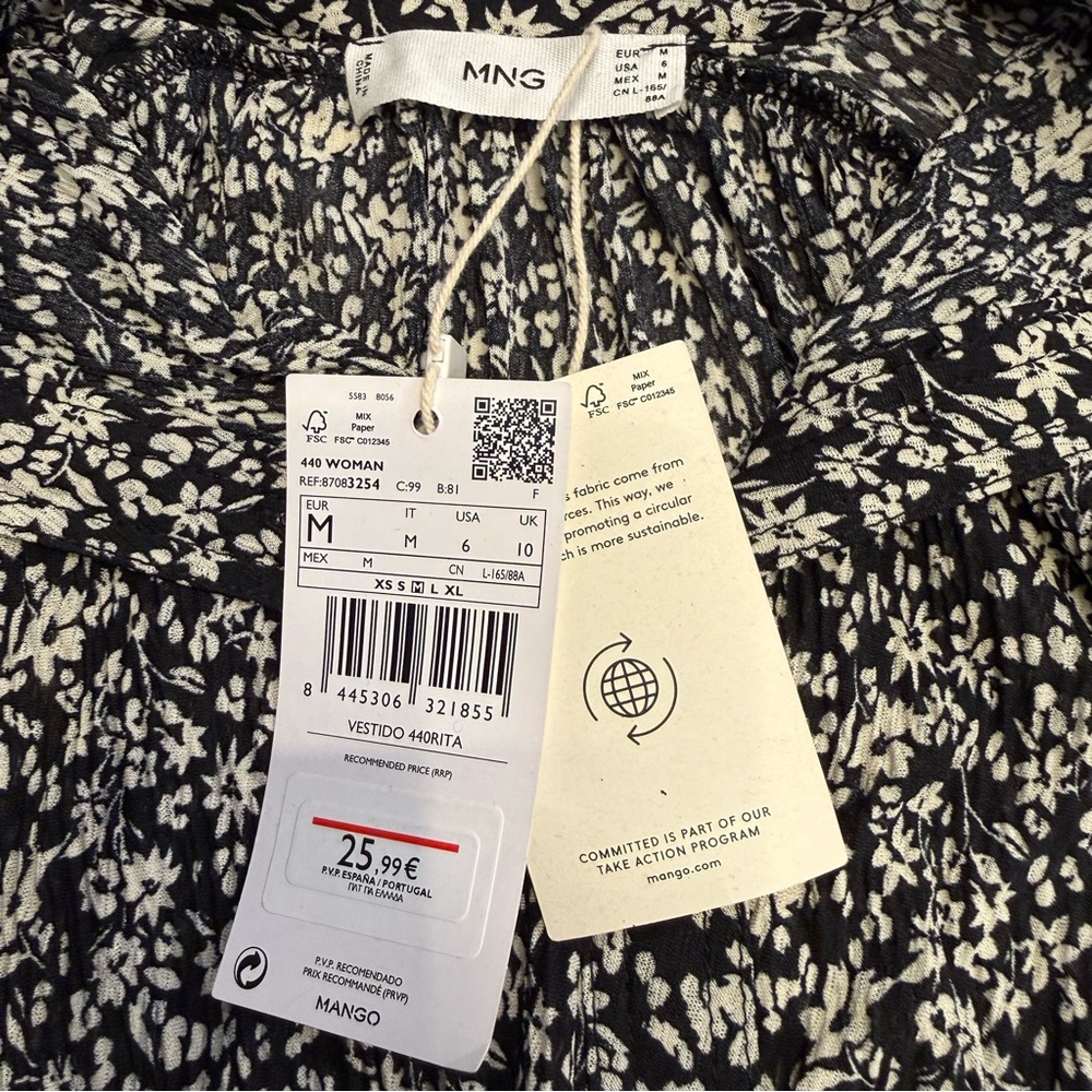 MNG Mango Floral Smocked Mini Dress Black White Boho Medium NWT - Picture 15 of 16
